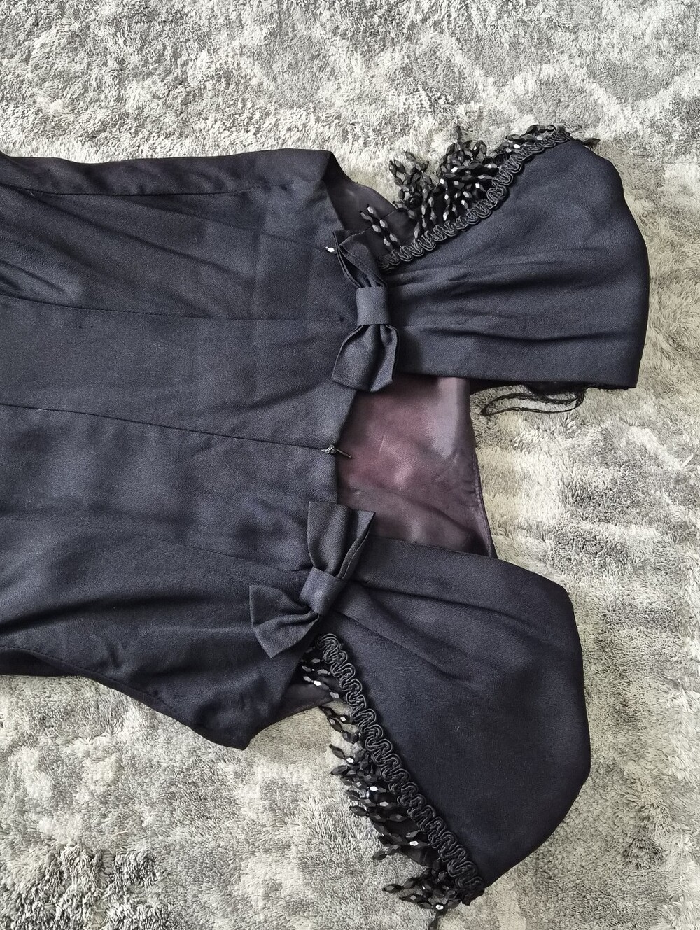 Vintage 90s Black Cocktail Dress Shoukder Pads Beaded Fringe Bows